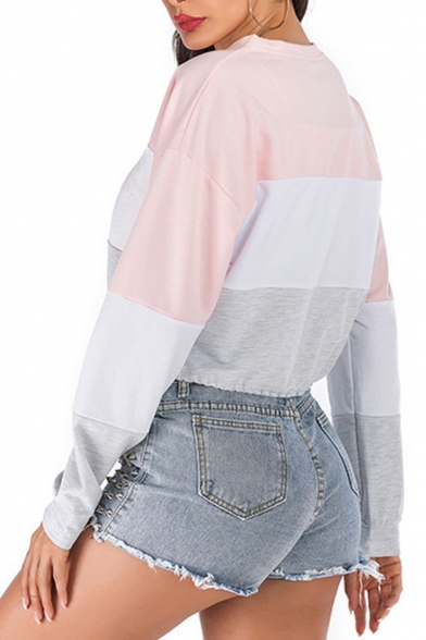New Arrival Long Sleeve Round Neck Drawstring Waist Colorblock Patch Cropped Sweatshirts