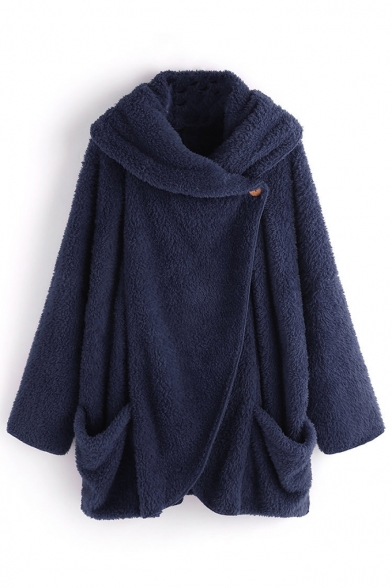 New Arrival Plain Batwing Sleeve Fluffy Knit Hoodie Cardigan with Pockets for Women