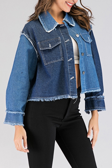 New Arrival Womens Colorblock Panels Raw Edges Cropped Denim Jacket with Pockets