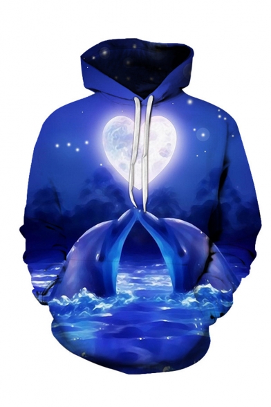 New Fashion Cute Dolphin Ocean Heart 3D Printed Long Sleeve Unisex Casual Loose Fit Navy Hoodie
