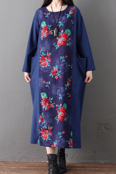 New Fashion Round Neck Long Sleeve Floral Printed Pockets Loose National Style Maxi Shift Dress