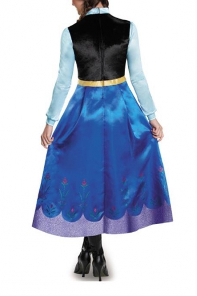 New Stand Collar Long Sleeve Princess Elsa Dress Cosplay Floral Print A-Line Maxi Dress