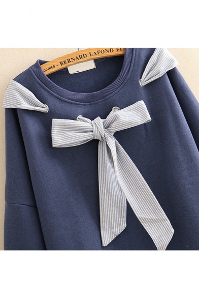New Striped Bow-Tied Round Neck Long Sleeve Loose Pullover Sweatshirt