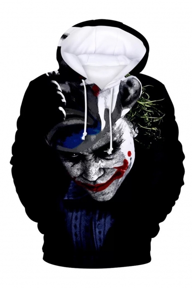 New Stylish Cool Joker 3D Printed Long Sleeve Loose Fit Black Drawstring Pullover Hoodie
