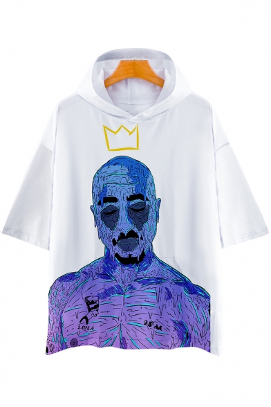 New Stylish Crown Figure Printed Short Sleeve White Casual Hooded T-Shirt