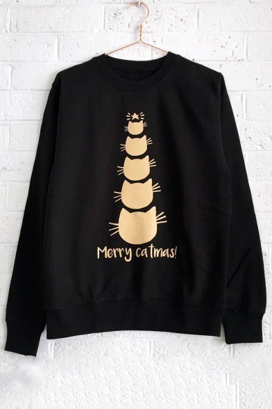 New Stylish Funny Cat Letter Merry Catmas Print Long Sleeve Pullover Loose Black Sweatshirt