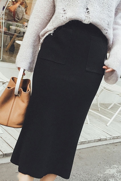 New Stylish Plain High Waist Slit Back Pocket Front Midi Knitted Skirt for Women