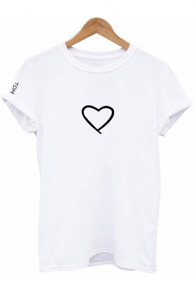 New Stylish Rolled Sleeve Round Neck Letter Heart Printed Casual Loose T-Shirt