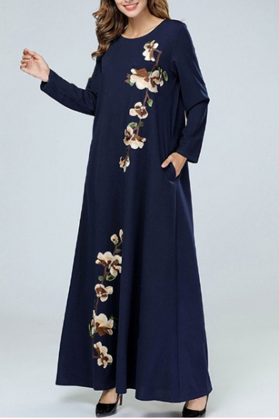 New Stylish Round Neck Long Sleeve Floral Print Navy Loose Swing Maxi Dress