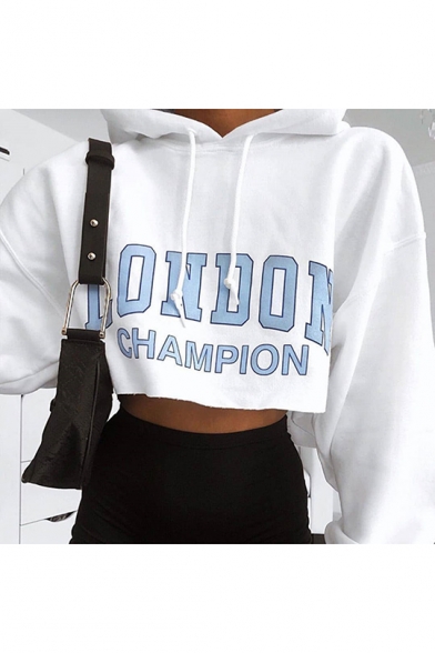 New Stylish White LONDON CHAMPION Letter Printed Long Sleeve Cropped Drawstring Hoodie