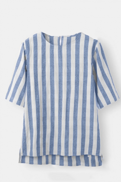 New Trendy Classic Striped Printed Round Neck Half Sleeve Linen Loose T-Shirt