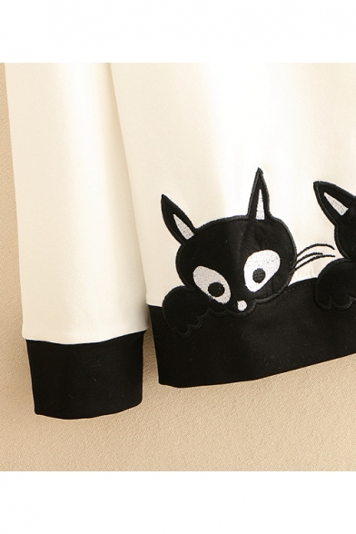 New Trendy Color Block Embroidered Cute Cat Ears Hooded Sweatshirt