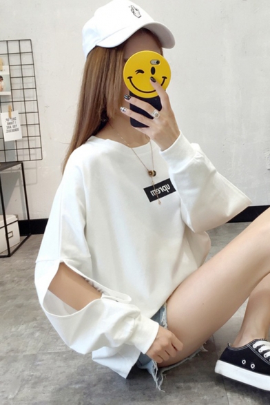 New Trendy MIKISYEM Letter Printed Cut Out Long Sleeve Loose Sweatshirt