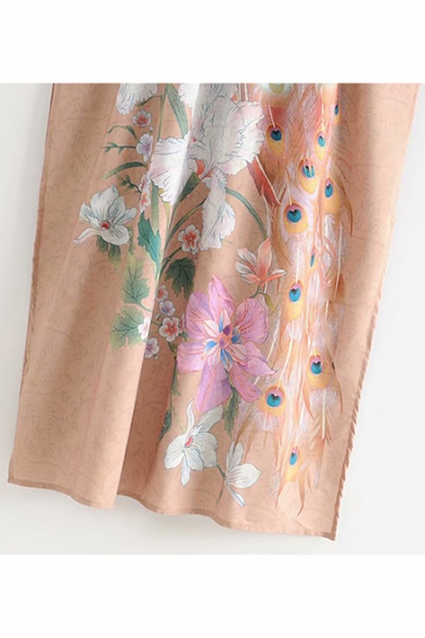 Peacock Printed Short Sleeve Tied Waist Side Split Khaki Longline Kimono Coat