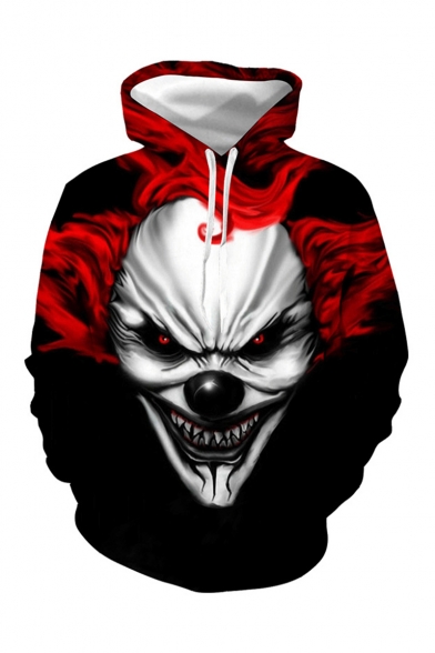 Popular Fashion Evil Clown 3D Printed Black and Red Long Sleeve Casual Loose Drawstring Hoodie