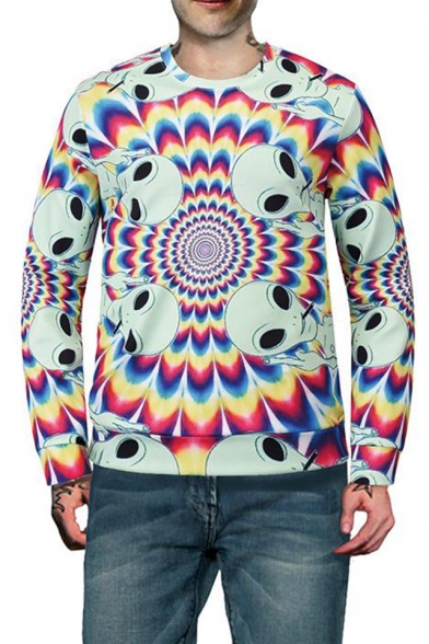 Popular Fashion Tie dyeing Alien 3D Printed Long Sleeve Round Neck Green and Pink Pullover Sweatshirts