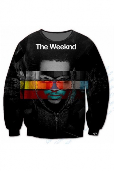 Popular Rapper Figure Letter THE WEEKND Printed Black Round Neck Long Sleeve Pullover Sweatshirts