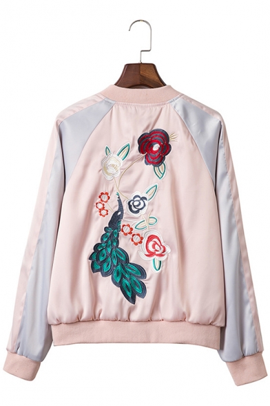 Preppy Embroidery Peacock Floral Printed Color-Block Fashionable Baseball Jacket Coat