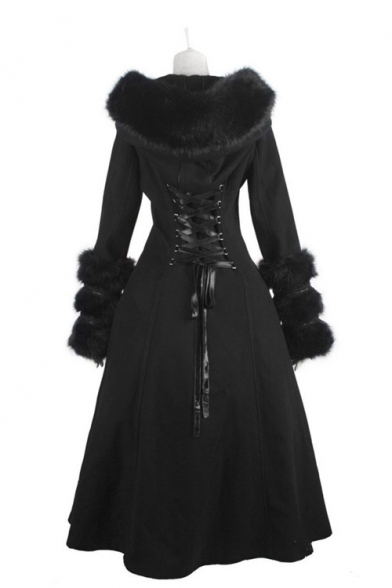 Punk Fashion Women Gothic Style Lace-Up Single Breasted Back Hooded Longline Plush Wool Coat