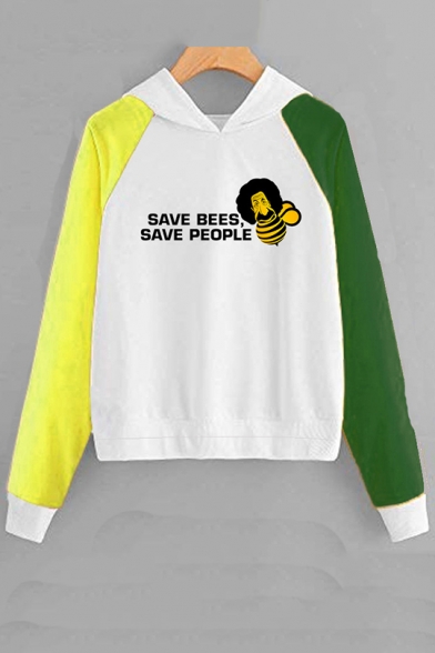 SAVE BEES SAVE PEOPLE Letter Bee Printed Long Sleeve Color Block Pullover Hoodie