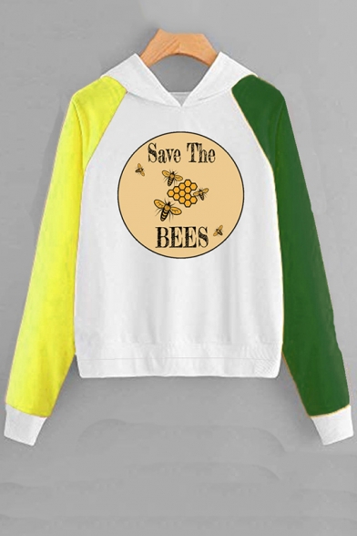 SAVE THE BEES Letter Bee Circle Printed Color Block Long Sleeve Hoodie