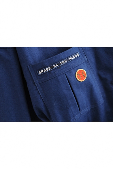 Simple Embroidery Letter Pattern Printed Detachable Belt Long Dark Blue Work Jacket Coat
