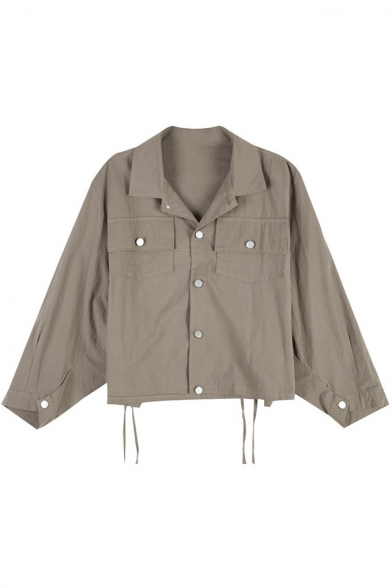 Simple Plain Lapel Collar Long Sleeve Flap Pocket Fashionable Jacket Coat for Women