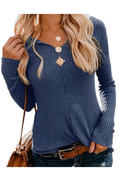 Stylish Plain Ribbed Knit V-Neck Long Sleeve Fitted Sweater for Women