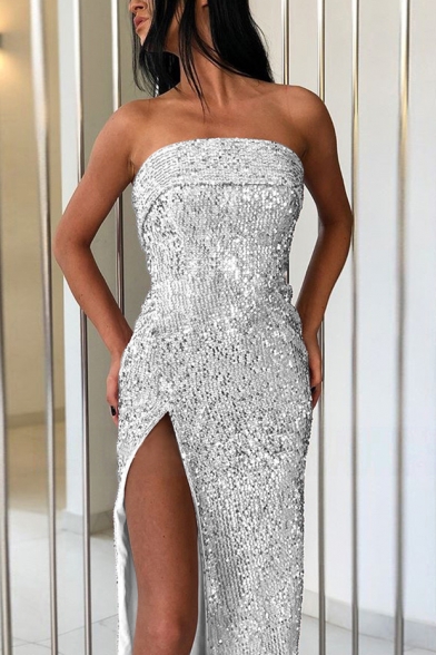 Summer Hot Fashion Strapless Sleeveless Sequined Split Front Wrap Enevning Dress