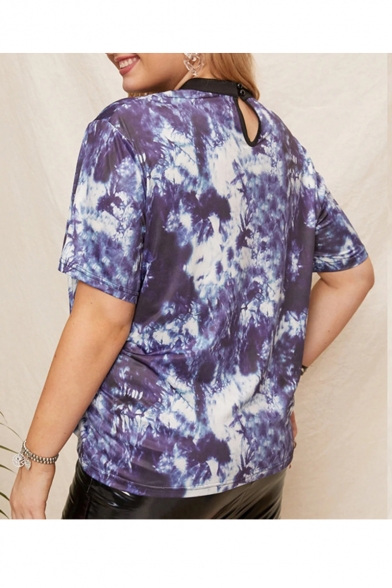 Summer Cutout V Neck Short Sleeve Tie Dye Print Casual BlueT-Shirt