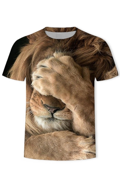 Summer New Stylish Short Sleeve Round Neck Lion Print Khaki T-Shirt