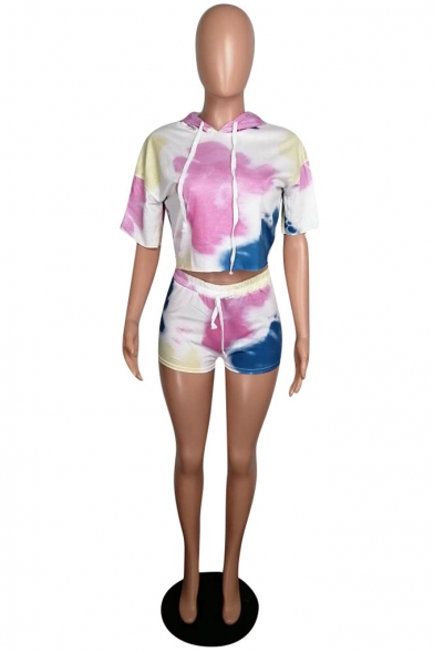 Summer's New Tie Dye Print Short Sleeve Hoodie T Shirt with Drawstring Sporty Shorts Two Piece Set