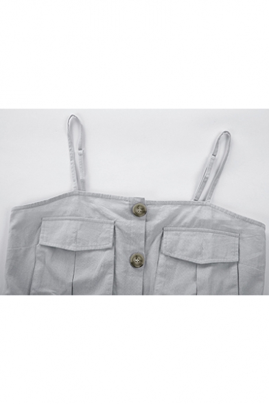 Summer Straps Sleeveless Drawstring Waist Multi Pocket Button Embellished Grey Rompers