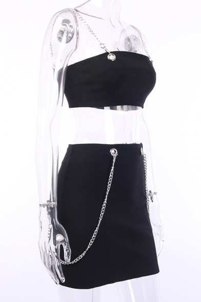 Summer Stylish Straps Sleeveless Cropped Top High Waist Mini Skirt Chain Embellished Knitted Co-ords