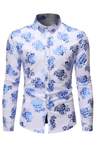 GRMO Men Floral Print Long Sleeve Hipster Leisure Boyfriend Button up Shirts 