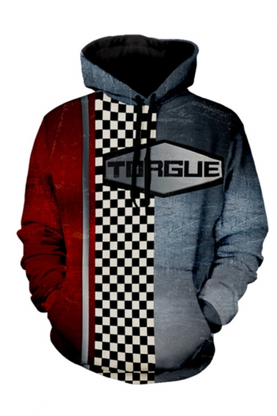 Torgue Checkerboard 3D Comic Cosplay Costume Long Sleeve Grey and Red Loose Drawstring Hoodie