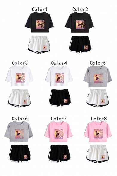 Trendy Cool Letter Figure Pattern Short Sleeve Cropped Tee with Loose Fit Dolphin Shorts Two-Piece Set