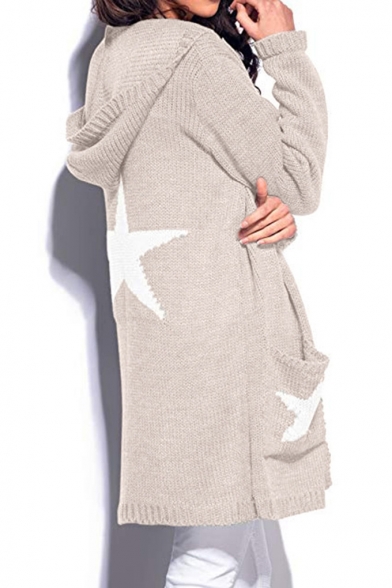 Trendy Plain Boxy Hoodie Long Sleeve Longline Cardigan with Star Print Pockets