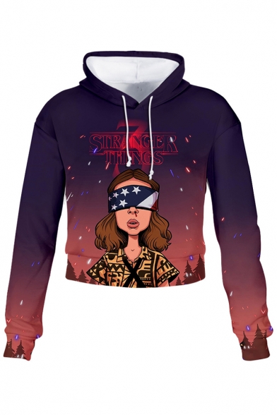 Trendy Letter Cartoon Figure with Flag Mask Pullover Crop Hoodie
