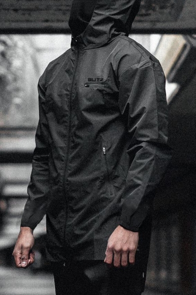 Unique Letter Logo Printed Long Sleeve Hooded Zip Up Windbreaker Black Jacket for Men