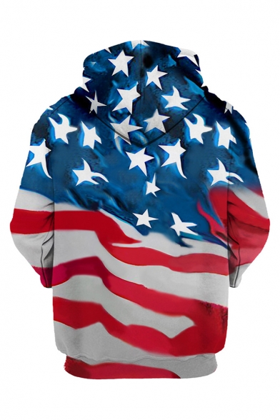 USA Letter Star Flag Printed Long Sleeve Loose Fit Drawstring Pullover Hoodie