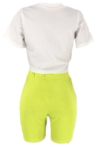 White Short Sleeve Letter Printed Cropped Tee with Green Elastic Waist Shorts Fashion Two Piece Set