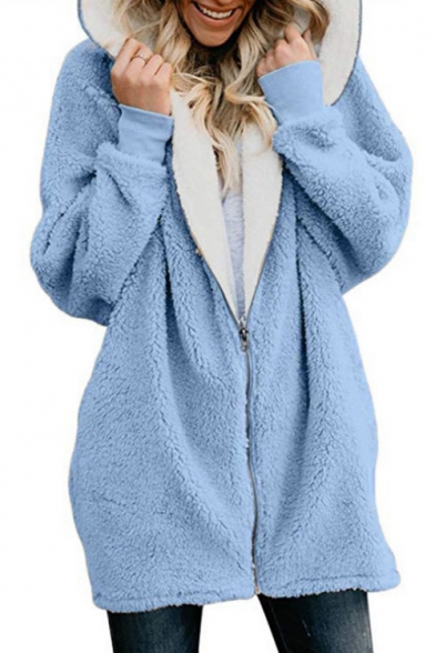 Winter's Hot Fashion Simple Plain Hooded Long Sleeve Elastic Cuffs Long Fur Coat