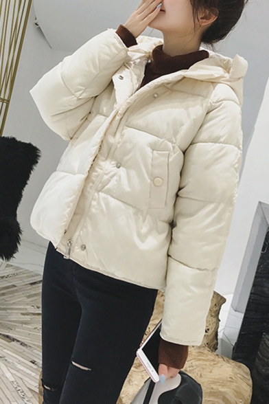 Winter's Warm Basic Plain Hooded Zip Up Down Padded Coat with Pockets
