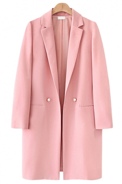 Winter Trench Fashion Solid Color Notch Lapel Collar Slim Long Outerwear with Pockets
