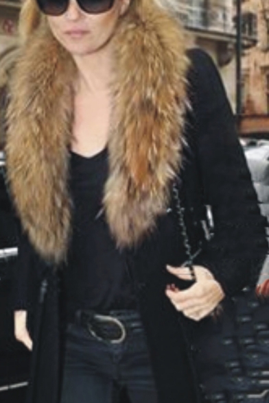 Women Hot Fashion Faux Fur Collar Zip Side Pocket Black Long Woolen Coat