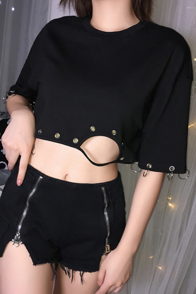 Women's Cool Punk Style Black Round Neck Metal Rings Detail Long Sleeve Cropped Sweatshirt