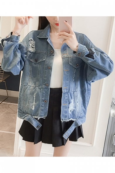 Womens Casual Loose Simple Letter Blue Button Down Ripped Denim Jacket