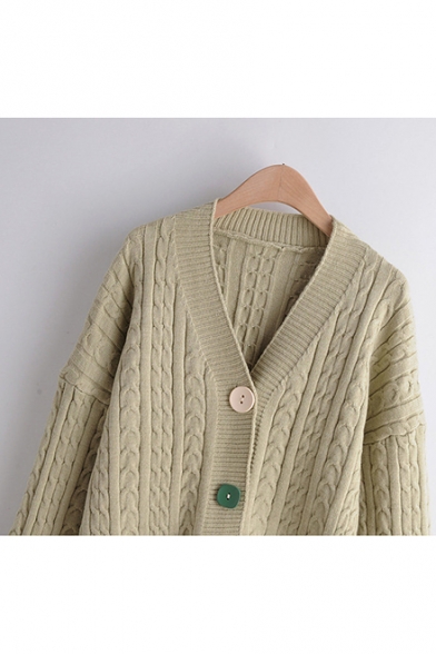 Womens Casual Plain V Neck Ribbed Knit Long Sleeve Open Front Button Cardigan
