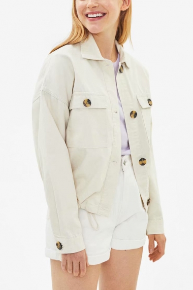 Womens Fashion Simple Plain Long Sleeve Button Front Short Work Jacket